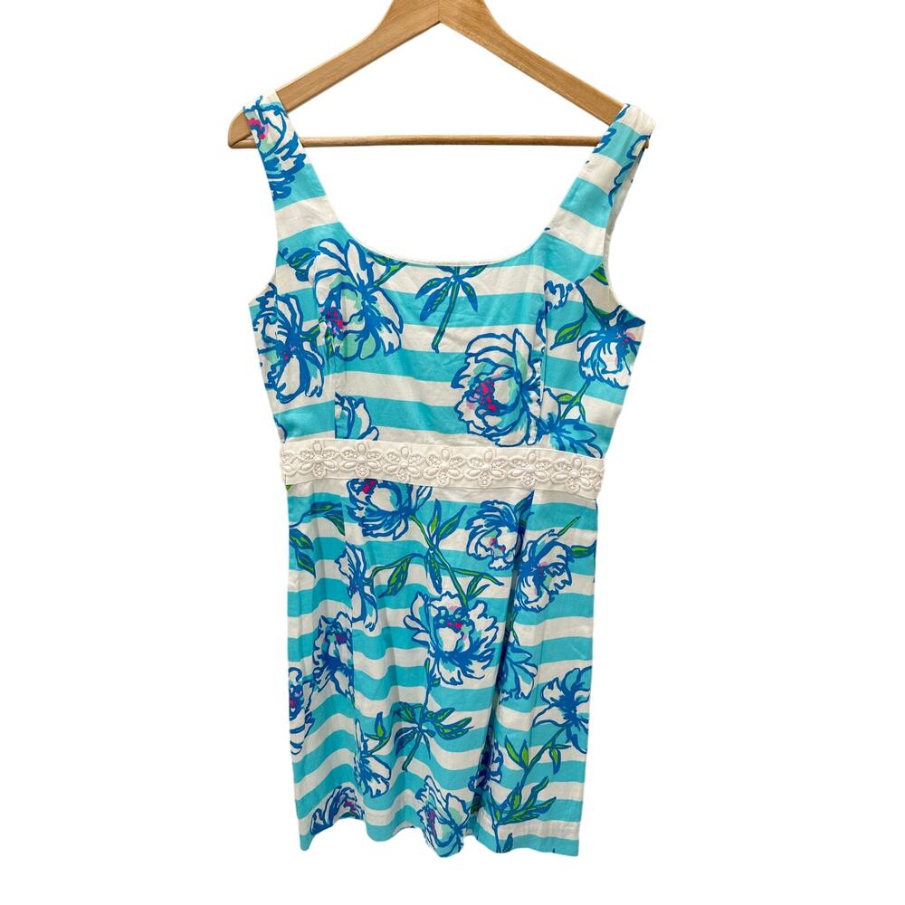 Lilly Pulitzer Blue and White Floral Print Sleeveless Dress // 10